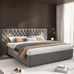 Redom Lit 180x200 cm avec rangement hydraulique, tête de lit capitonnée en velours gris et liseuse intégrée Sale