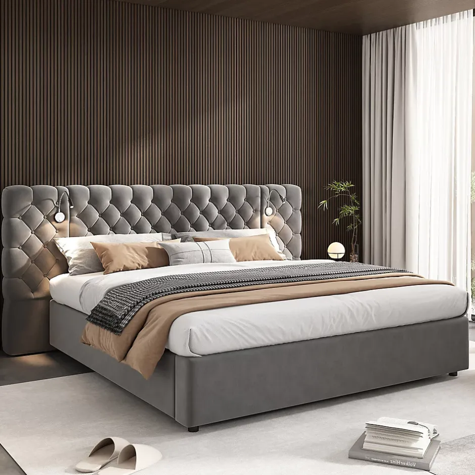 Redom Lit 180x200 cm avec rangement hydraulique, tête de lit capitonnée en velours gris et liseuse intégrée Sale