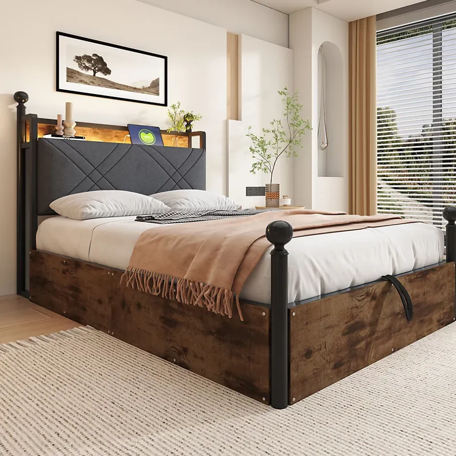 Redom Lit 90x190 cm avec rangement hydraulique, cadre métal noir, éclairage LED intégré et ports USB/Type-C Sale