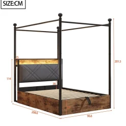 Redom Lit 90x190 cm avec rangement hydraulique, cadre métal noir, éclairage LED intégré et ports USB/Type-C Sale
