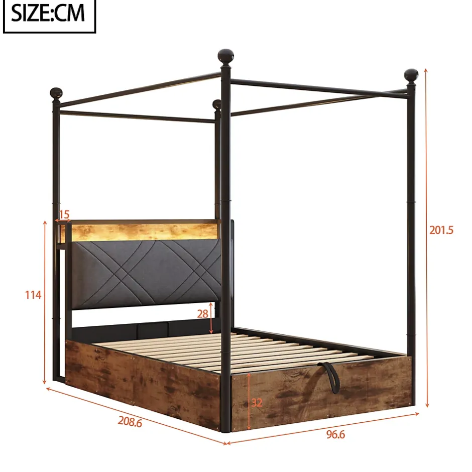 Redom Lit 90x190 cm avec rangement hydraulique, cadre métal noir, éclairage LED intégré et ports USB/Type-C Sale