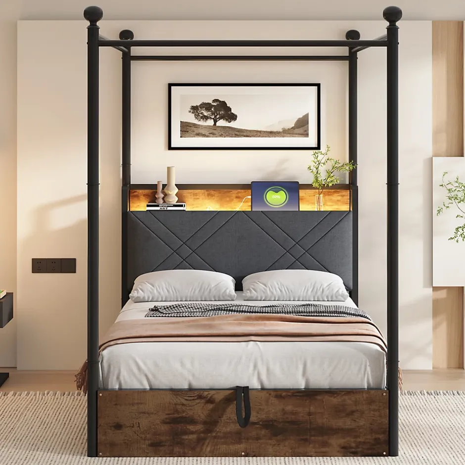 Redom Lit 90x190 cm avec rangement hydraulique, cadre métal noir, éclairage LED intégré et ports USB/Type-C Sale