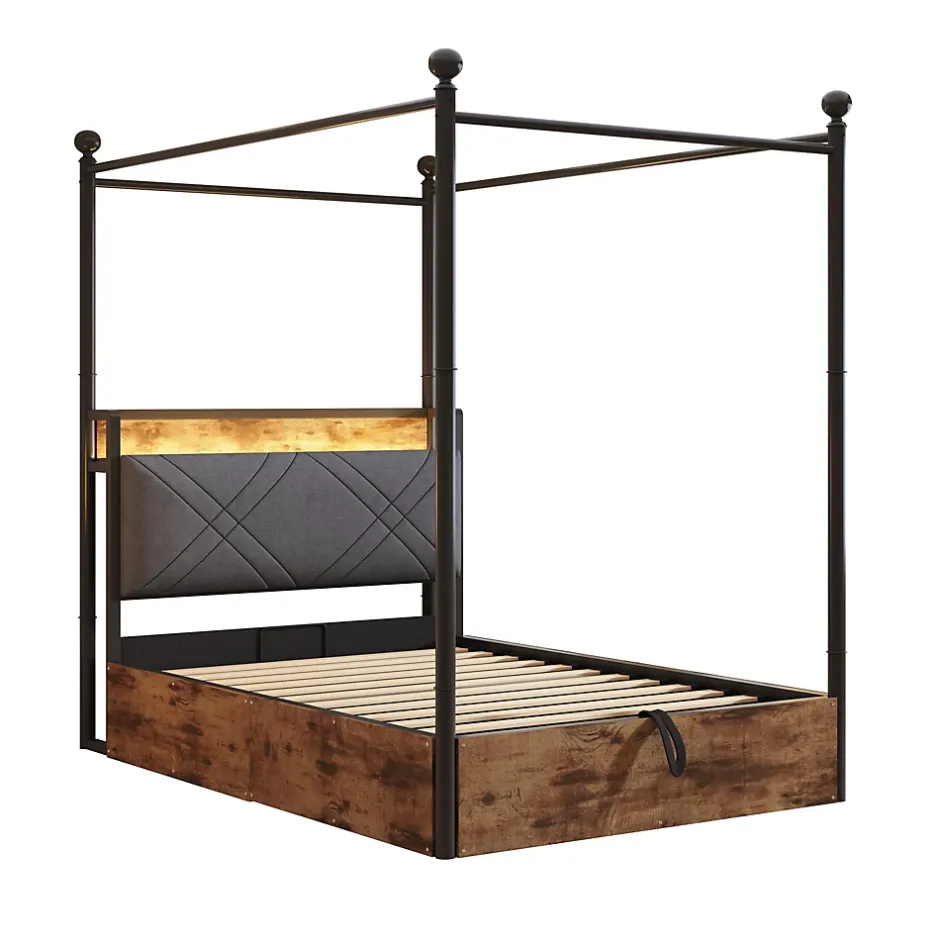 Redom Lit 90x190 cm avec rangement hydraulique, cadre métal noir, éclairage LED intégré et ports USB/Type-C Sale