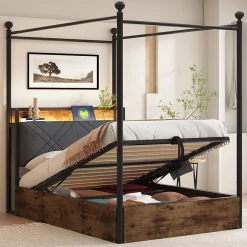 Redom Lit 90x190 cm avec rangement hydraulique, cadre métal noir, éclairage LED intégré et ports USB/Type-C Sale