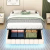 Redom Lit 140x200 cm avec rangement hydraulique et bande LED multicolore, tapissé lin beige, effet flottant design