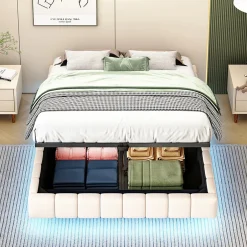 Redom Lit 140x200 cm avec rangement hydraulique et bande LED multicolore, tapissé lin beige, effet flottant design