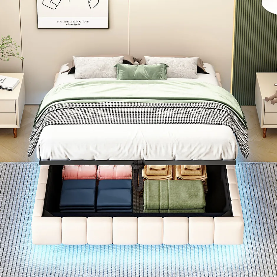 Redom Lit 140x200 cm avec rangement hydraulique et bande LED multicolore, tapissé lin beige, effet flottant design
