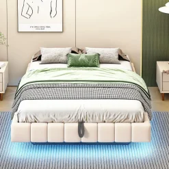 Redom Lit 140x200 cm avec rangement hydraulique et bande LED multicolore, tapissé lin beige, effet flottant design