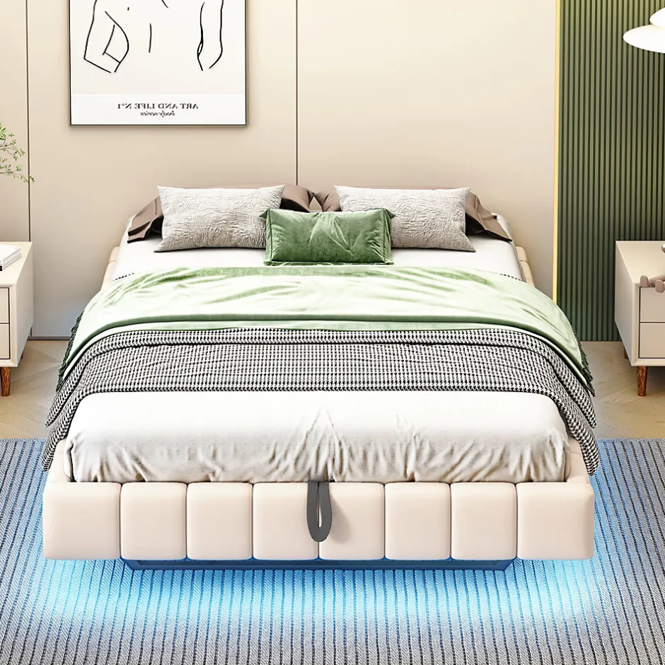 Redom Lit 140x200 cm avec rangement hydraulique et bande LED multicolore, tapissé lin beige, effet flottant design