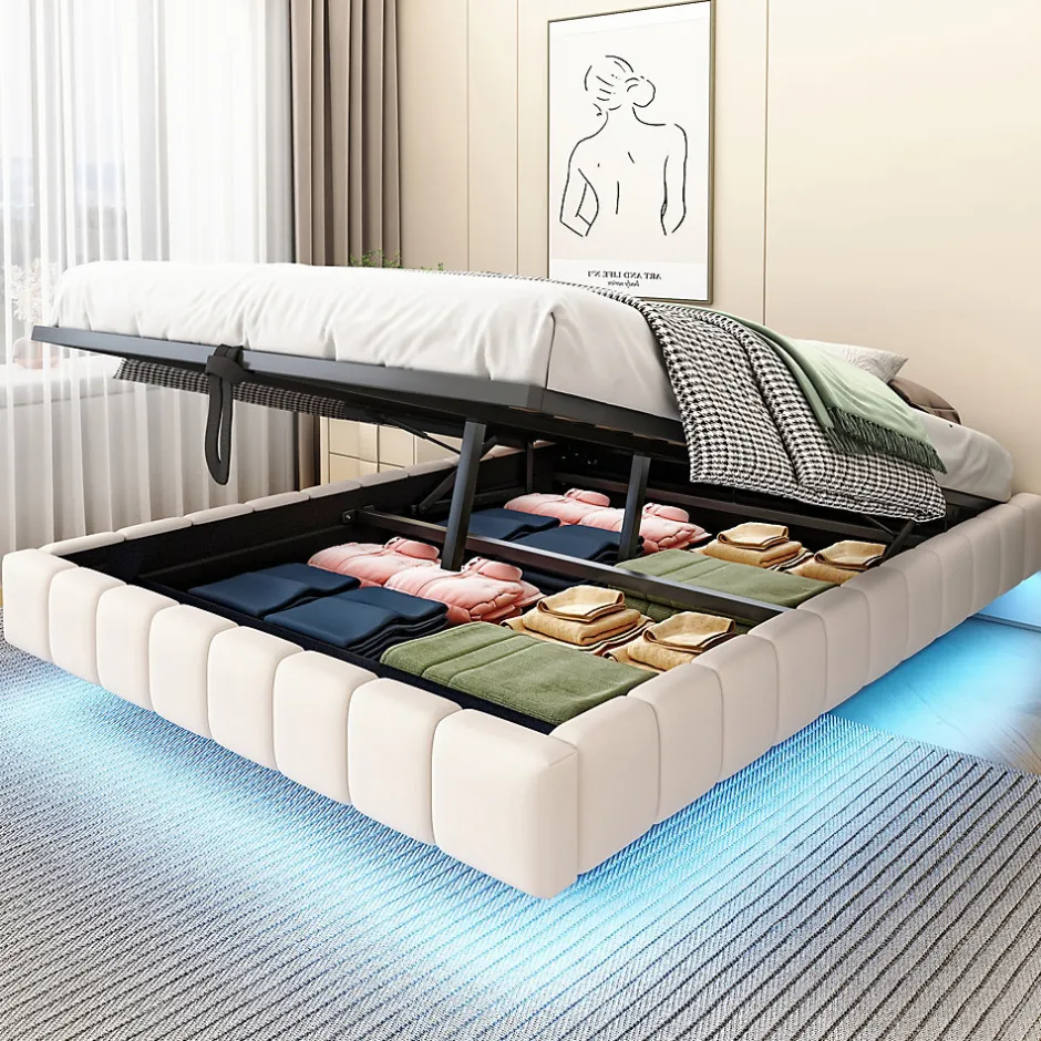 Redom Lit 140x200 cm avec rangement hydraulique et bande LED multicolore, tapissé lin beige, effet flottant design