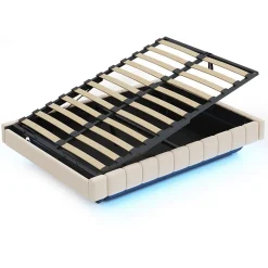 Redom Lit 140x200 cm avec rangement hydraulique et bande LED multicolore, tapissé lin beige, effet flottant design