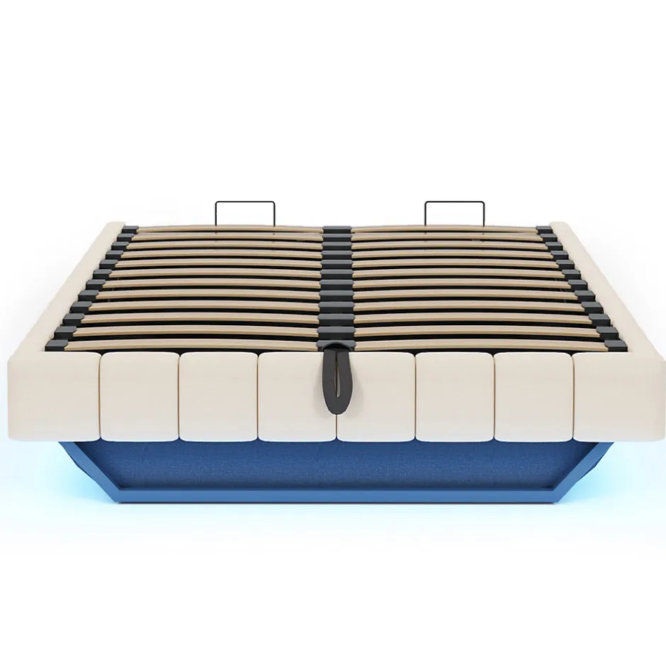 Redom Lit 140x200 cm avec rangement hydraulique et bande LED multicolore, tapissé lin beige, effet flottant design