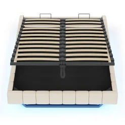 Redom Lit 140x200 cm avec rangement hydraulique et bande LED multicolore, tapissé lin beige, effet flottant design