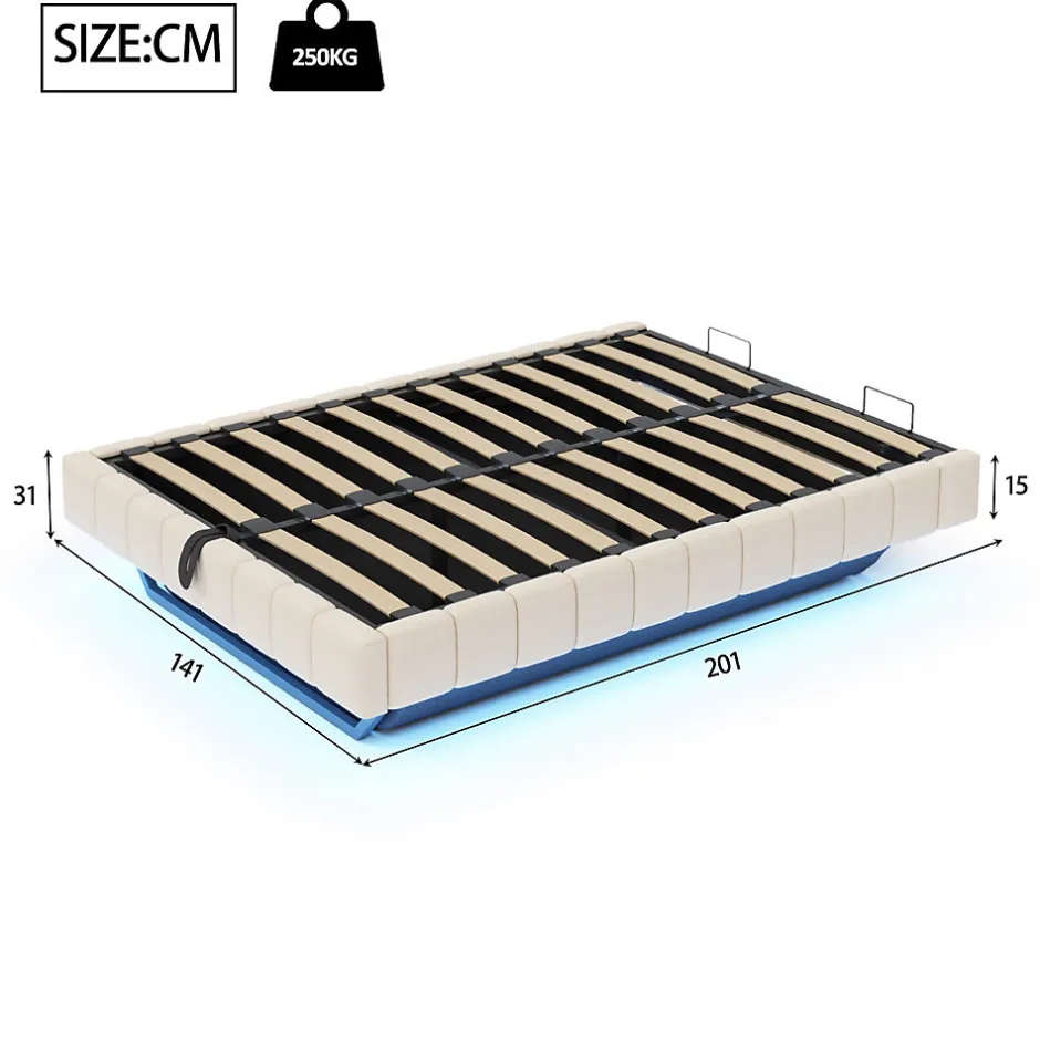 Redom Lit 140x200 cm avec rangement hydraulique et bande LED multicolore, tapissé lin beige, effet flottant design