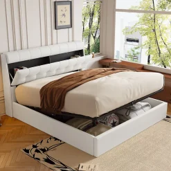 Redom Lit 160x200 cm avec rangement hydraulique et tête de lit coffre tapissée en PU blanc, design moderne Best