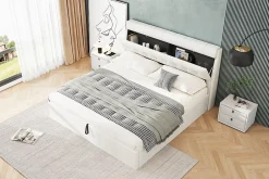 Redom Lit 160x200 cm avec rangement hydraulique et tête de lit coffre tapissée en PU blanc, design moderne Best