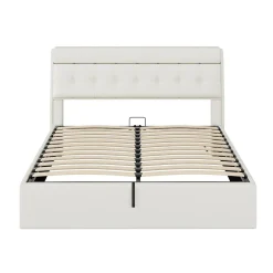 Redom Lit 160x200 cm avec rangement hydraulique et tête de lit coffre tapissée en PU blanc, design moderne Best