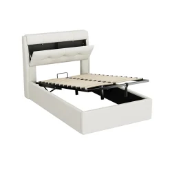 Redom Lit 90x200 cm avec rangement hydraulique et tête de lit capitonnée en PU blanc, cadre moderne et pratique Outlet