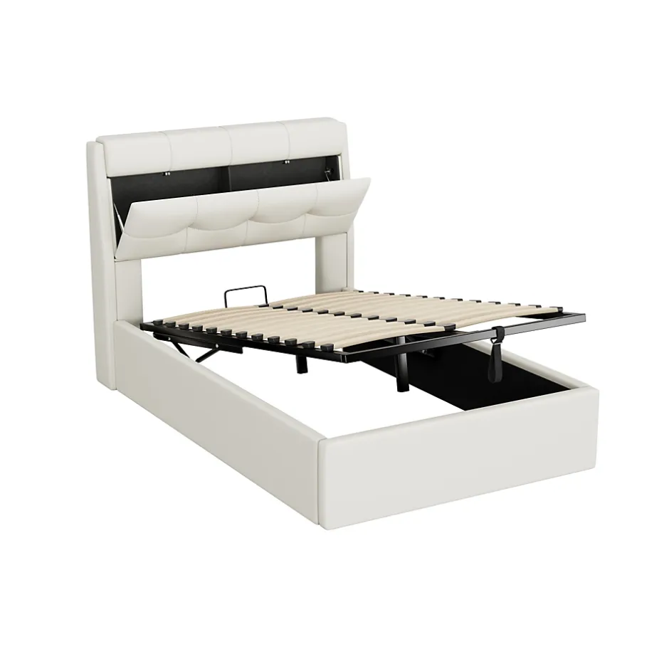 Redom Lit 90x200 cm avec rangement hydraulique et tête de lit capitonnée en PU blanc, cadre moderne et pratique Outlet