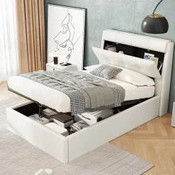 Redom Lit 90x200 cm avec rangement hydraulique et tête de lit capitonnée en PU blanc, cadre moderne et pratique Outlet