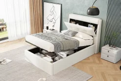 Redom Lit 90x200 cm avec rangement hydraulique et tête de lit capitonnée en PU blanc, cadre moderne et pratique Outlet