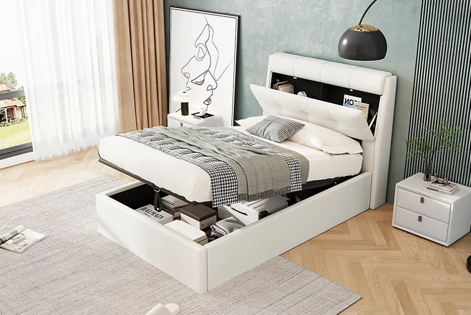 Redom Lit 90x200 cm avec rangement hydraulique et tête de lit capitonnée en PU blanc, cadre moderne et pratique Outlet