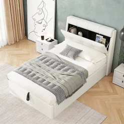 Redom Lit 90x200 cm avec rangement hydraulique et tête de lit capitonnée en PU blanc, cadre moderne et pratique Outlet
