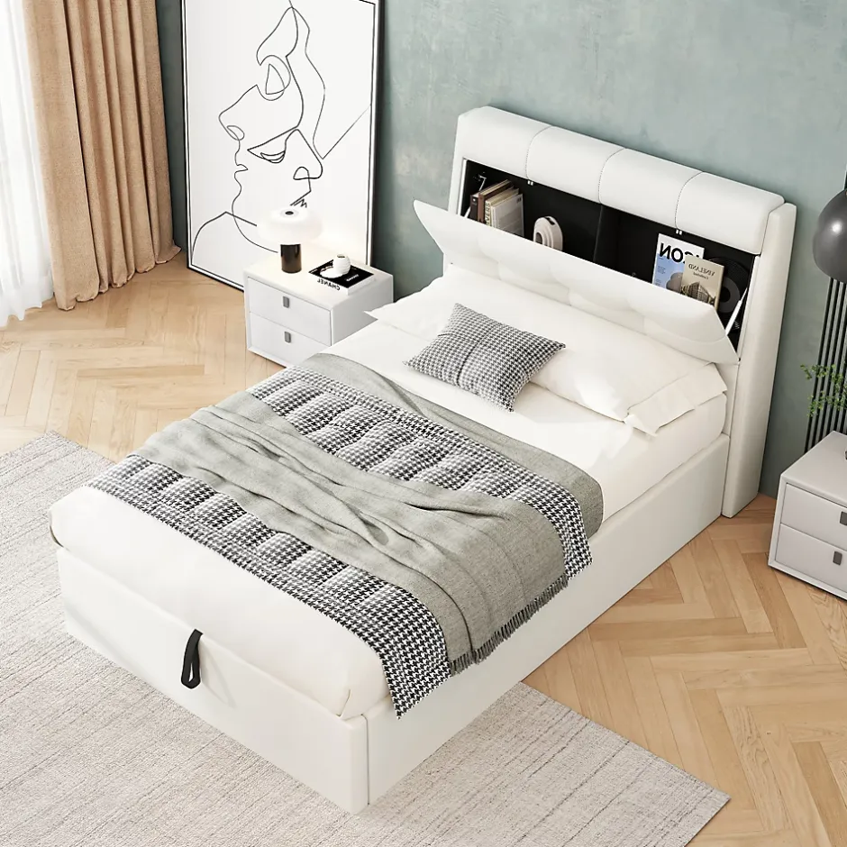 Redom Lit 90x200 cm avec rangement hydraulique et tête de lit capitonnée en PU blanc, cadre moderne et pratique Outlet