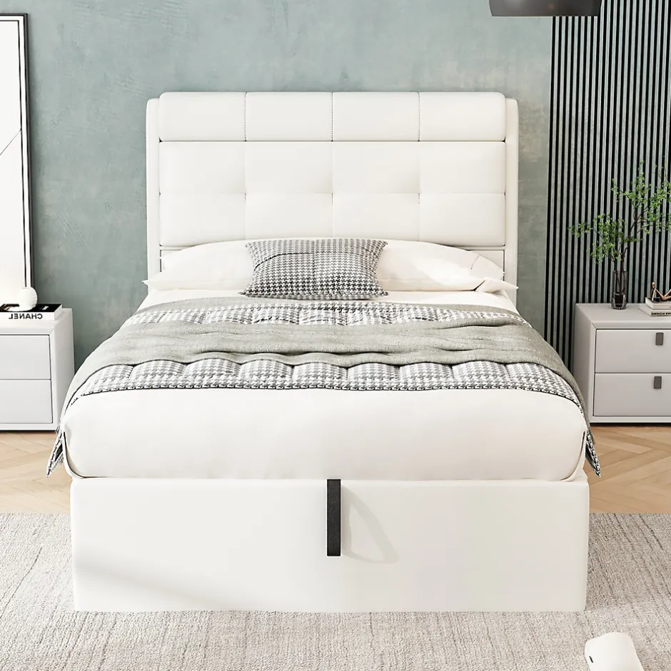 Redom Lit 90x200 cm avec rangement hydraulique et tête de lit capitonnée en PU blanc, cadre moderne et pratique Outlet