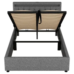 Redom Lit 140x200 cm avec rangement hydraulique, tête rembourrée en lin gris, éclairage LED et ports USB/USB-C New