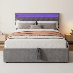 Redom Lit 140x200 cm avec rangement hydraulique, tête rembourrée en lin gris, éclairage LED et ports USB/USB-C New