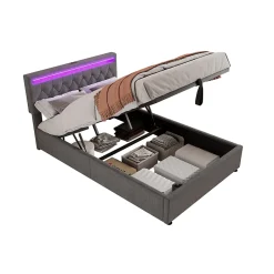 Redom Lit 140x200 cm avec rangement hydraulique, tête rembourrée en lin gris, éclairage LED et ports USB/USB-C New