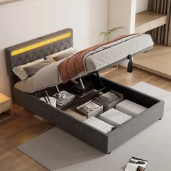 Redom Lit 140x200 cm avec rangement hydraulique, tête rembourrée en lin gris, éclairage LED et ports USB/USB-C New