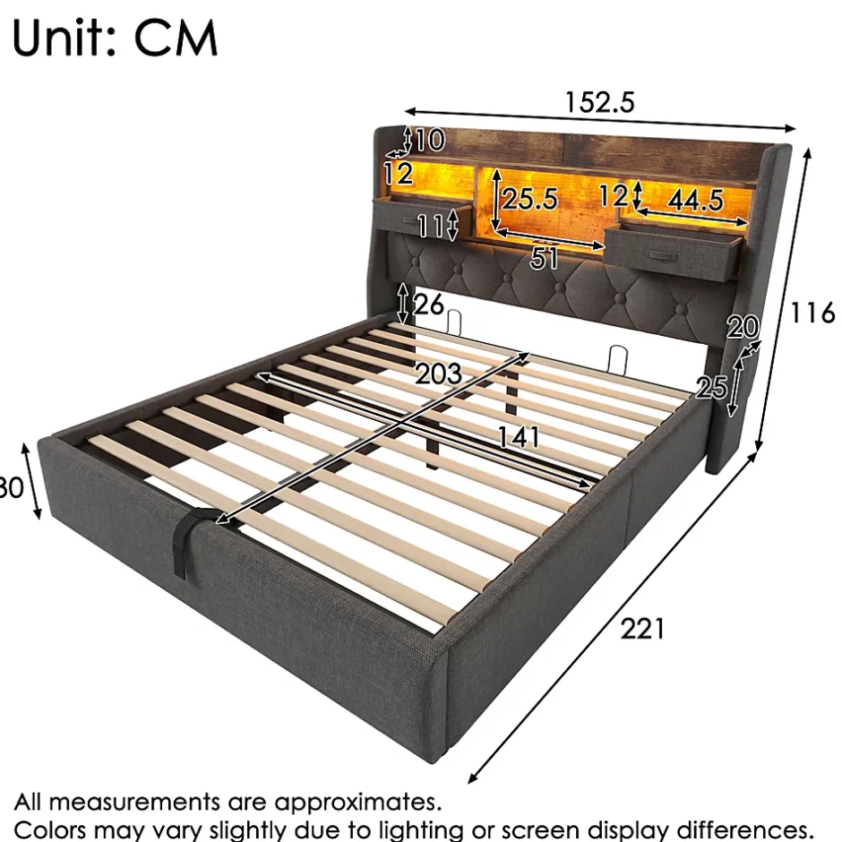Redom Lit 140x200 cm avec rangement hydraulique, tête de lit LED multicolore, ports de charge et tissu lin gris New