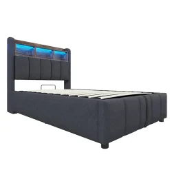 Redom Lit 90x200 cm avec rangement hydraulique et éclairage led, tapissé lin gris, cadre métal robuste Discount