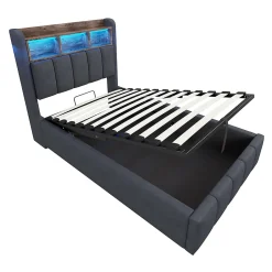 Redom Lit 90x200 cm avec rangement hydraulique et éclairage led, tapissé lin gris, cadre métal robuste Discount
