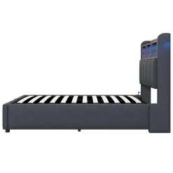 Redom Lit 90x200 cm avec rangement hydraulique et éclairage led, tapissé lin gris, cadre métal robuste Discount