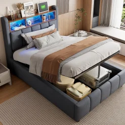 Redom Lit 90x200 cm avec rangement hydraulique et éclairage led, tapissé lin gris, cadre métal robuste Discount