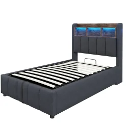 Redom Lit 90x200 cm avec rangement hydraulique et éclairage led, tapissé lin gris, cadre métal robuste Discount