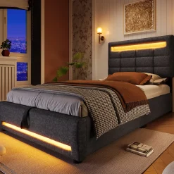 Redom Lit 90x200 cm avec rangement hydraulique et éclairage LED 16 couleurs, tapissé lin gris, tête de lit carrée Discount