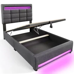 Redom Lit 90x200 cm avec rangement hydraulique et éclairage LED 16 couleurs, tapissé lin gris, tête de lit carrée Discount