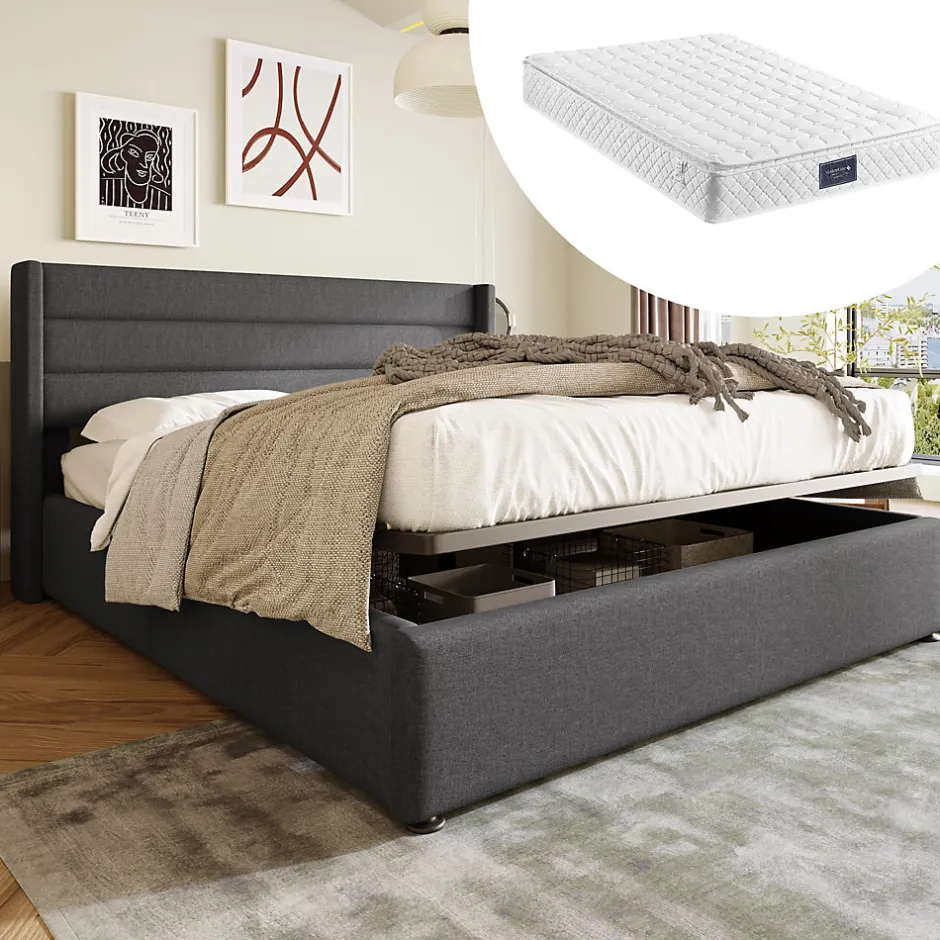 Redom Lit 160x200 cm avec rangement hydraulique et tête de lit rembourrée en lin gris, cadre solide, style moderne
