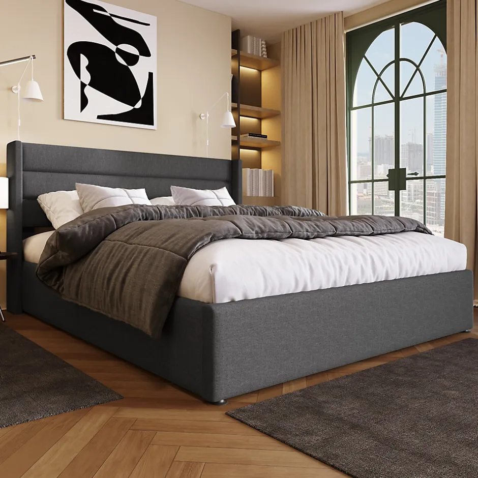 Redom Lit 160x200 cm avec rangement hydraulique et tête de lit rembourrée en lin gris, cadre solide, style moderne