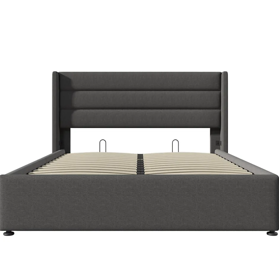 Redom Lit 160x200 cm avec rangement hydraulique et tête de lit rembourrée en lin gris, cadre solide, style moderne