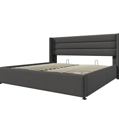 Redom Lit 160x200 cm avec rangement hydraulique et tête de lit rembourrée en lin gris, cadre solide, style moderne