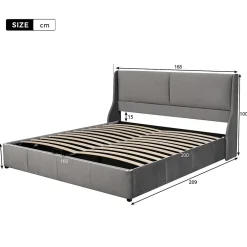 Redom Lit 160x200 cm avec rangement hydraulique et tête de lit capitonnée en velours gris, design classique-moderne