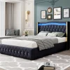 Redom Lit 140x200 cm avec rangement hydraulique, tête capitonnée en velours noir, éclairage LED et pieds larges