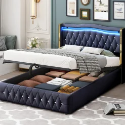 Redom Lit 140x200 cm avec rangement hydraulique, tête capitonnée en velours noir, éclairage LED et pieds larges