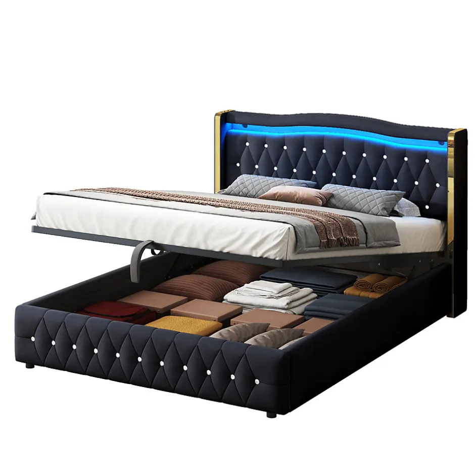 Redom Lit 140x200 cm avec rangement hydraulique, tête capitonnée en velours noir, éclairage LED et pieds larges