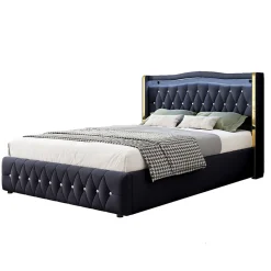 Redom Lit 140x200 cm avec rangement hydraulique, tête capitonnée en velours noir, éclairage LED et pieds larges